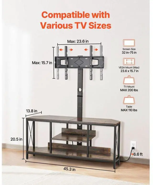 Alt view image 3 of 7 - VEVOR 45" TV Stand with Mount for up to 75 in TVs, Entertainment Center with Power Outlet & LED Lights, Height Adjustable TV Console with Mount with 3 Tiers Storage Cabinets for Bedroom, Living Room