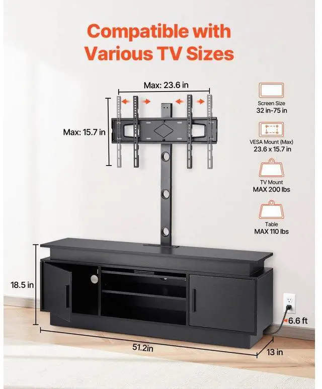 Alt view image 3 of 7 - VEVOR 52" TV Stand with Mount for up to 75 in TVs with Power Outlet & LED Lights