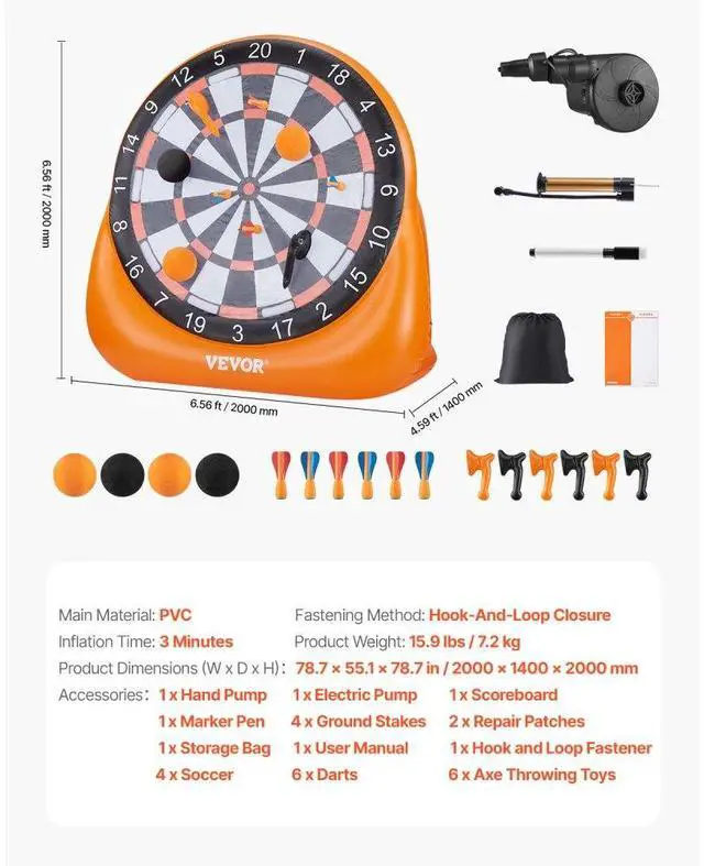 Alt view image 7 of 7 - Inflatable Soccer Dart Board over 6 ft with 4 Kick Ball 6 Darts 6 Axe Pump