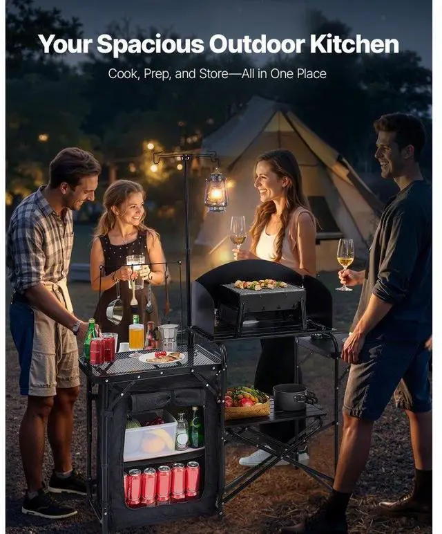 Alt view image 2 of 7 - VEVOR Camping Kitchen Table Portable Outdoor Cook Station Storage Windshield Aluminum