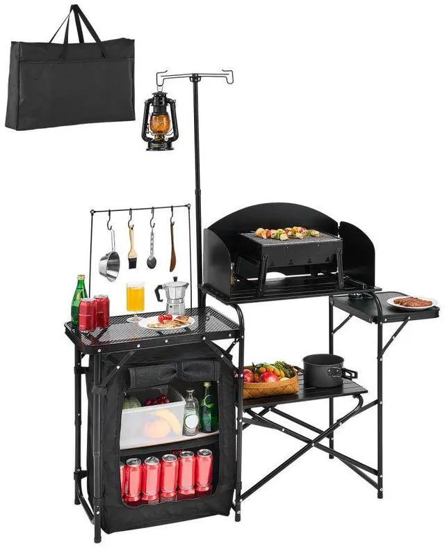 Main image of VEVOR Camping Kitchen Table Portable Outdoor Cook Station Storage Windshield Aluminum