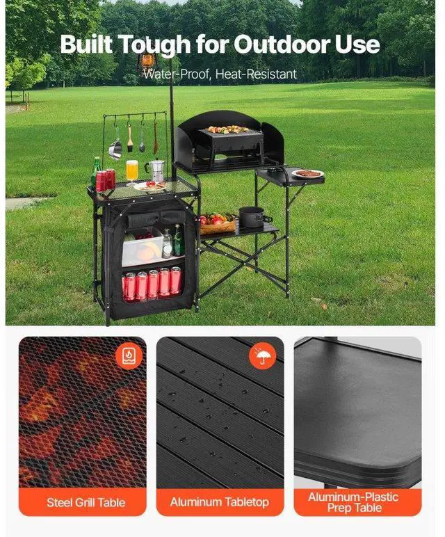 Alt view image 3 of 7 - VEVOR Camping Kitchen Table Portable Outdoor Cook Station Storage Windshield Aluminum