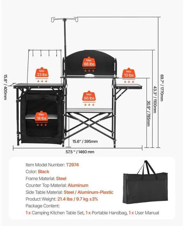 Alt view image 6 of 7 - VEVOR Camping Kitchen Table Portable Outdoor Cook Station Storage Windshield Aluminum