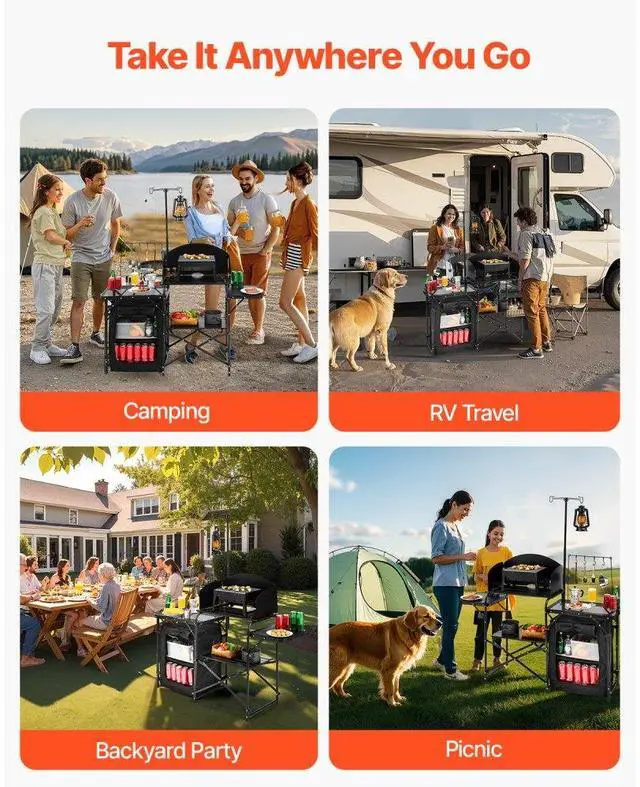 Alt view image 7 of 7 - VEVOR Camping Kitchen Table Portable Outdoor Cook Station Storage Windshield Aluminum