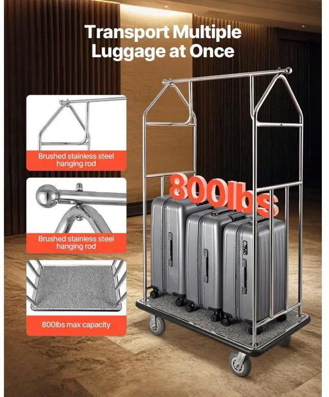 Alt view image 2 of 7 - VEVOR  Hotel Luggage Cart 800 LBS Brushed Stainless Steel Finish Bellman's Cart