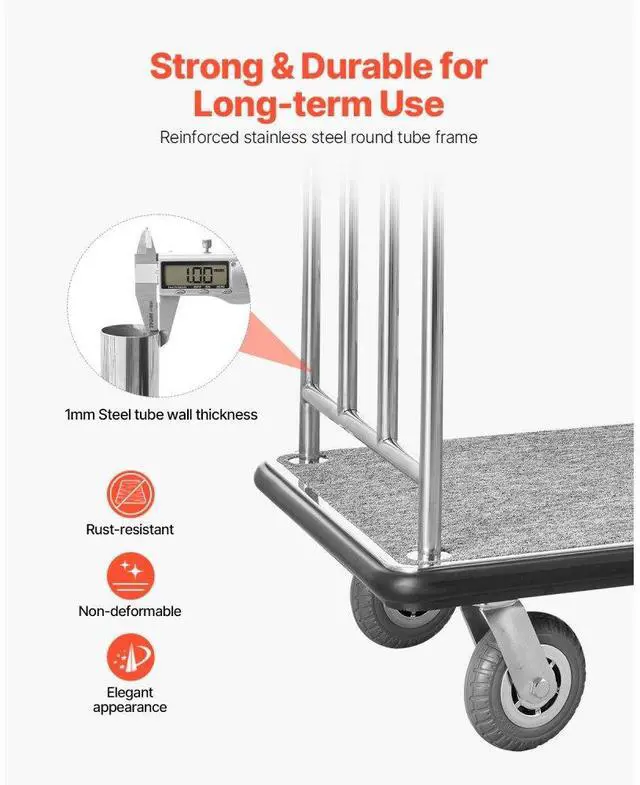 Alt view image 3 of 7 - VEVOR  Hotel Luggage Cart 800 LBS Brushed Stainless Steel Finish Bellman's Cart
