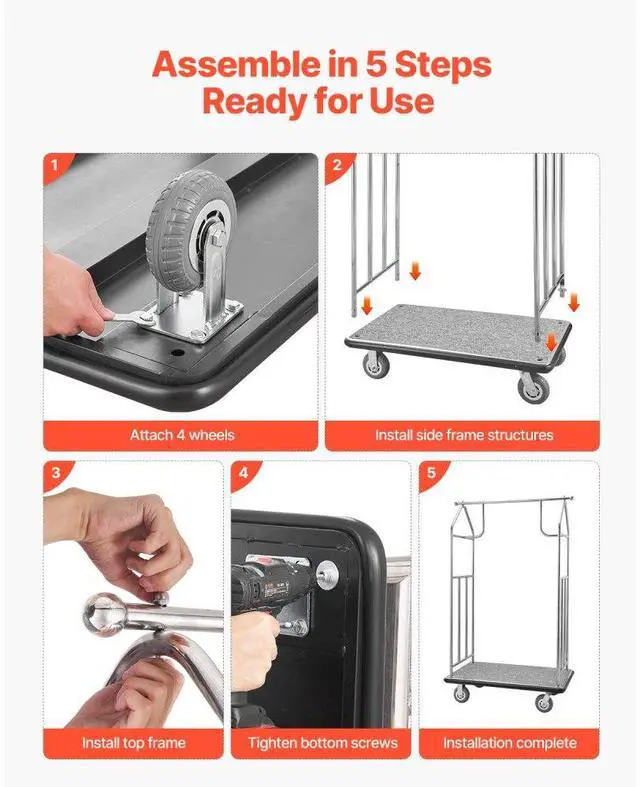 Alt view image 6 of 7 - VEVOR  Hotel Luggage Cart 800 LBS Brushed Stainless Steel Finish Bellman's Cart