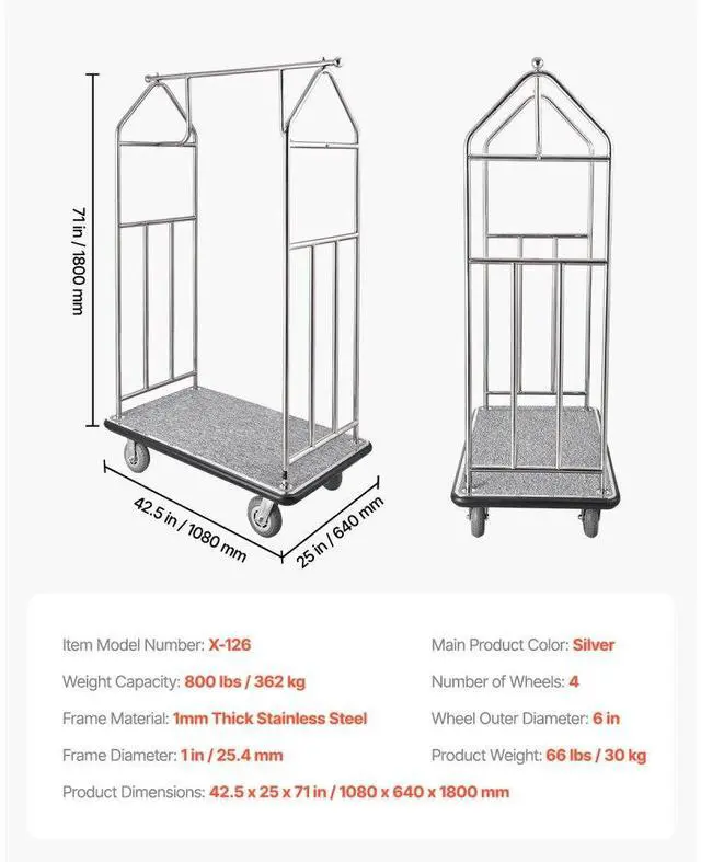 Alt view image 7 of 7 - VEVOR  Hotel Luggage Cart 800 LBS Brushed Stainless Steel Finish Bellman's Cart
