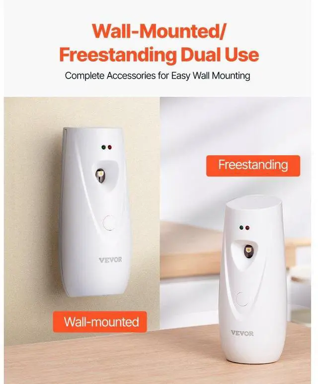 Alt view image 5 of 14 - VEVOR  Automatic Air Freshener Spray Dispenser, 2-Pack, Wall Mounted or Free Standing, Battery Operated, Multiple Time Settings for Home, Indoor, Bathrooms, Offices, Hotels, Commercial Places, White