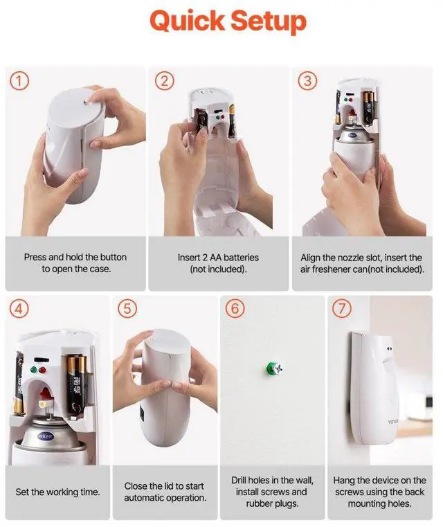 Alt view image 6 of 14 - VEVOR  Automatic Air Freshener Spray Dispenser, 2-Pack, Wall Mounted or Free Standing, Battery Operated, Multiple Time Settings for Home, Indoor, Bathrooms, Offices, Hotels, Commercial Places, White