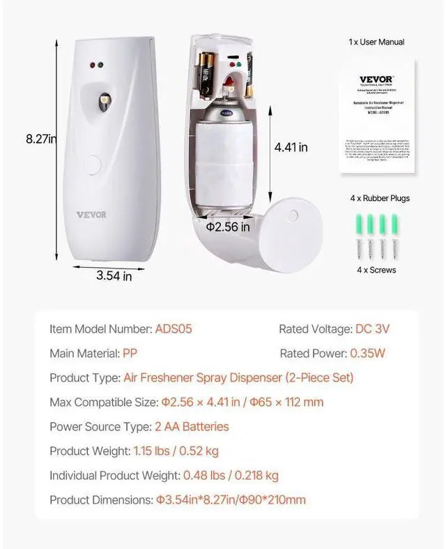 Alt view image 7 of 14 - VEVOR  Automatic Air Freshener Spray Dispenser, 2-Pack, Wall Mounted or Free Standing, Battery Operated, Multiple Time Settings for Home, Indoor, Bathrooms, Offices, Hotels, Commercial Places, White