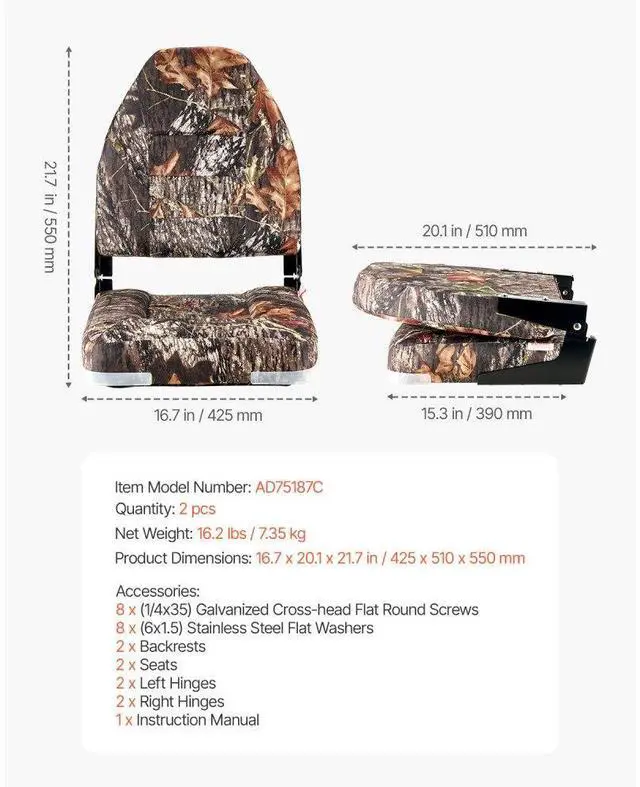 Alt view image 7 of 7 - VEVOR Boat Seat High Backrest Flip Up Boat Seat Sponge Cushion Camouflage