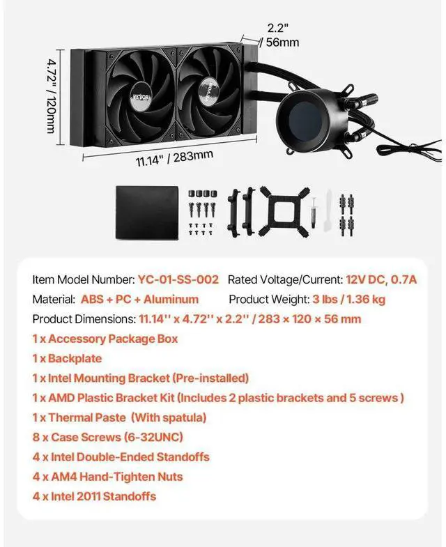 Alt view image 7 of 7 - VEVOR CPU Liquid Cooler AIO CPU Water Cooler with 120 mm PWN Fans for Intel AMD