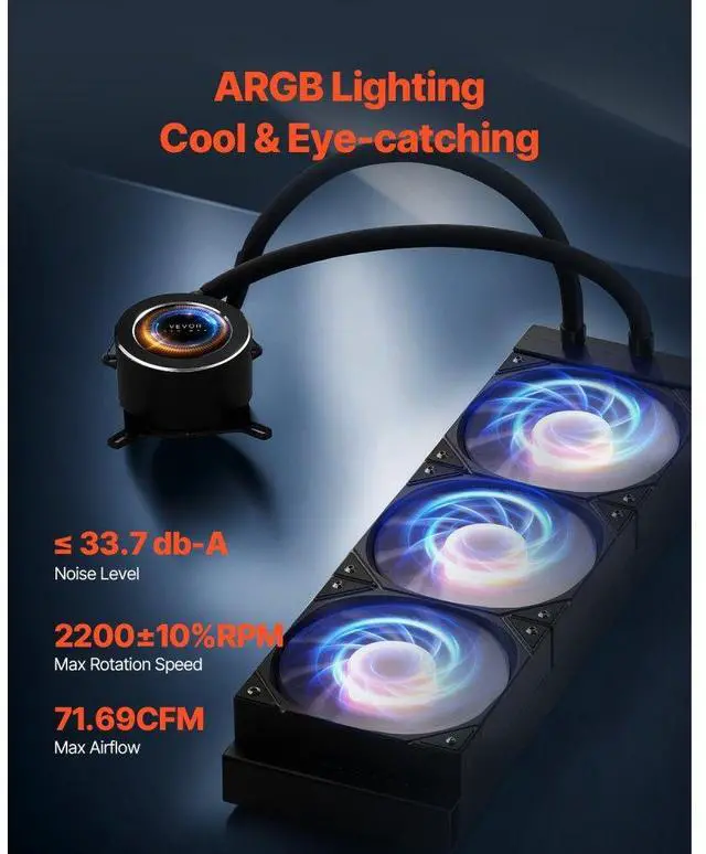 Alt view image 4 of 7 - VEVOR CPU Liquid Cooler AIO CPU Water Cooler with ARGB Light & 3 PWN Fans(120mm)