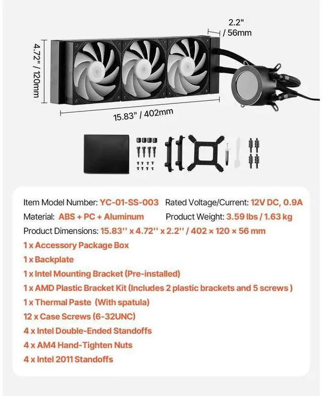 Alt view image 7 of 7 - VEVOR CPU Liquid Cooler AIO CPU Water Cooler with ARGB Light & 3 PWN Fans(120mm)