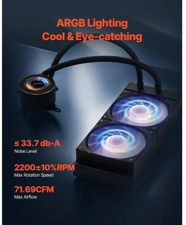 Alt view image 4 of 7 - VEVOR CPU Liquid Cooler AIO CPU Water Cooler with ARGB Light & 120 mm PWN Fans