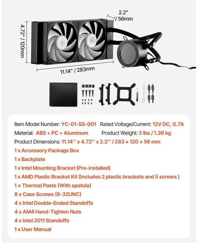 Alt view image 7 of 7 - VEVOR CPU Liquid Cooler AIO CPU Water Cooler with ARGB Light & 120 mm PWN Fans