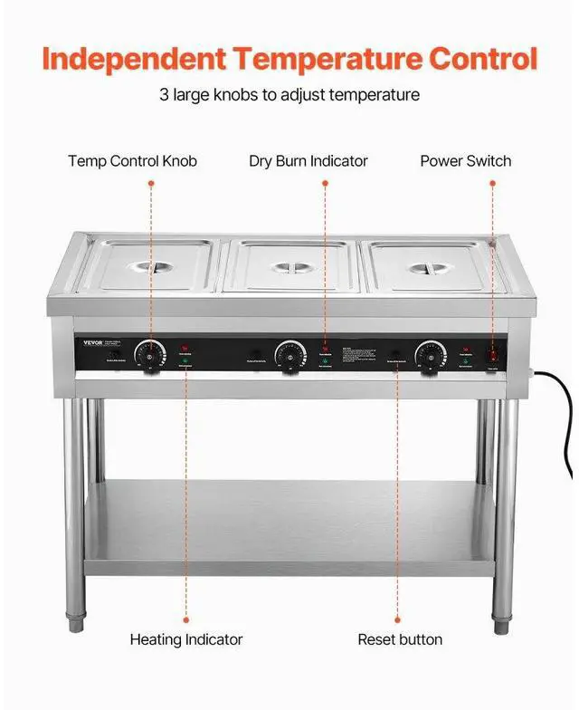 Alt view image 3 of 7 - 3-Pan Commercial Food Warmer Steam Table with Independent Temperature Control