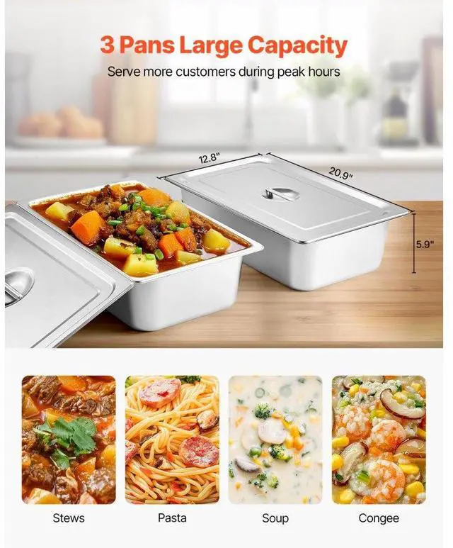 Alt view image 4 of 7 - 3-Pan Commercial Food Warmer Steam Table with Independent Temperature Control