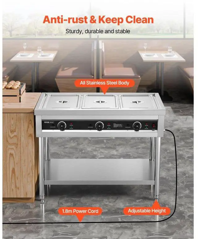 Alt view image 5 of 7 - 3-Pan Commercial Food Warmer Steam Table with Independent Temperature Control
