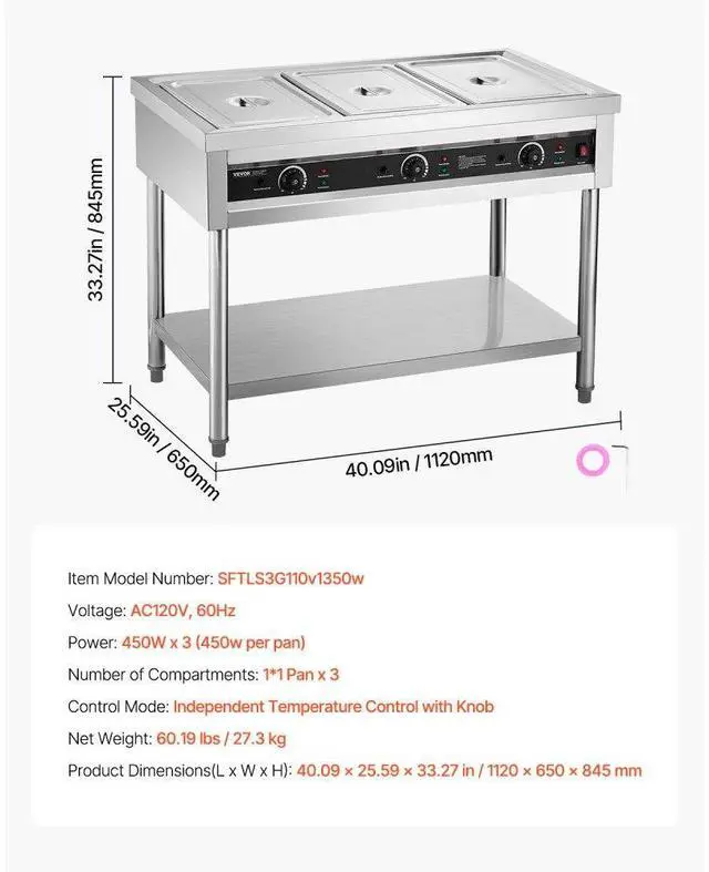 Alt view image 7 of 7 - 3-Pan Commercial Food Warmer Steam Table with Independent Temperature Control