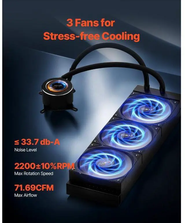 Alt view image 4 of 7 - VEVOR CPU Liquid Cooler AIO CPU Water Cooler with 3 PWN Fans(120 mm) Intel AMD