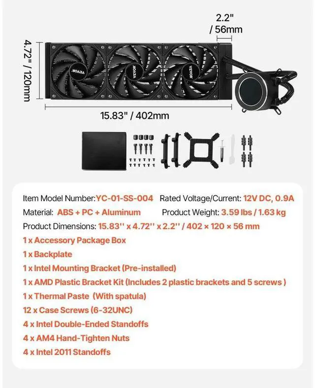 Alt view image 7 of 7 - VEVOR CPU Liquid Cooler AIO CPU Water Cooler with 3 PWN Fans(120 mm) Intel AMD