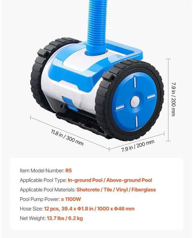 Alt view image 7 of 7 - VEVOR Suction Pool Cleaner, Automatic Pool Vacuum Cleaner, Suction Side Automatic Pool Cleaner, Suction Vacuum Pool Sweeper with 2 Wheels, for In-ground Pool and Above-Ground Pool Up to 20 x 40 ft