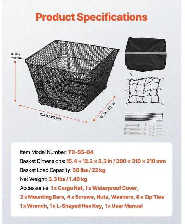 Alt view image 7 of 7 - Rear Bike Basket Wire Mesh Bicycle Basket with Cargo Net Waterproof Cover
