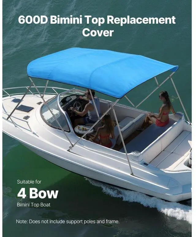 Alt view image 2 of 7 - 4 Bow Boat Bimini Tops 96"Lx(97"-103")W Awning Top Replacement Pacific Blue