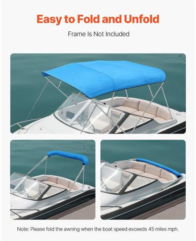 Alt view image 5 of 7 - 4 Bow Boat Bimini Tops 96"Lx(97"-103")W Awning Top Replacement Pacific Blue
