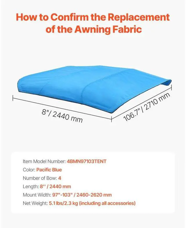 Alt view image 7 of 7 - 4 Bow Boat Bimini Tops 96"Lx(97"-103")W Awning Top Replacement Pacific Blue