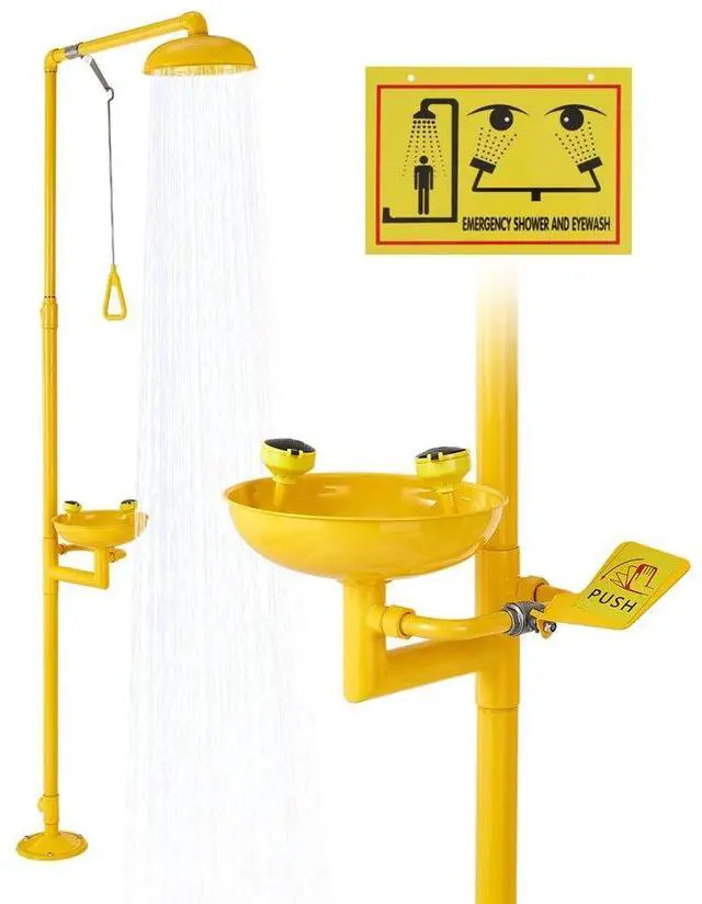 Main image of VEVOR Emergency Shower Eye Wash Station, 34.25 x 15.75 x 91.73 Inch 304 Stainless Steel Eyewash and Shower Combination, OSHA-Approved First Aid Eye Wash Station, for Schools, Labs, Factories, Yellow