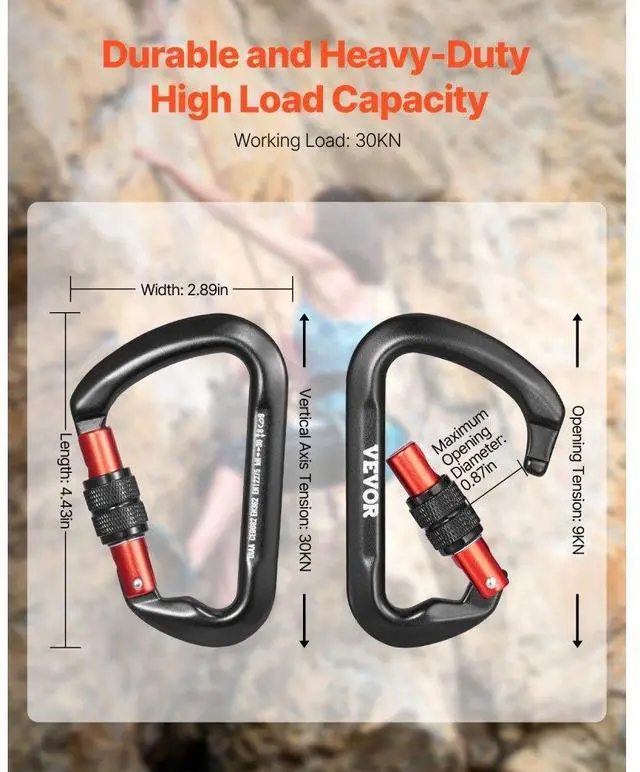 Alt view image 2 of 7 - VEVOR  Climbing Carabiner Clips, 3 PCS Heavy Duty Caribiner, Professional 30 KN / 6744 lbs Spindle Strength, Large D-Shaped for Hiking,Rappelling,Rescue,Dog Leash,Hammocks, Swings