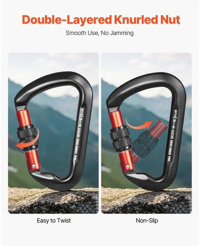 Alt view image 3 of 7 - VEVOR  Climbing Carabiner Clips, 3 PCS Heavy Duty Caribiner, Professional 30 KN / 6744 lbs Spindle Strength, Large D-Shaped for Hiking,Rappelling,Rescue,Dog Leash,Hammocks, Swings