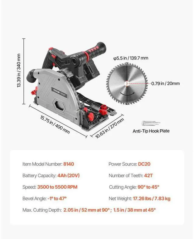 Alt view image 7 of 7 - VEVOR Cordless Track Saw 5-1/2 in Plunge-Cut Circular Saw Kit 20V Battery (Tool Only)
