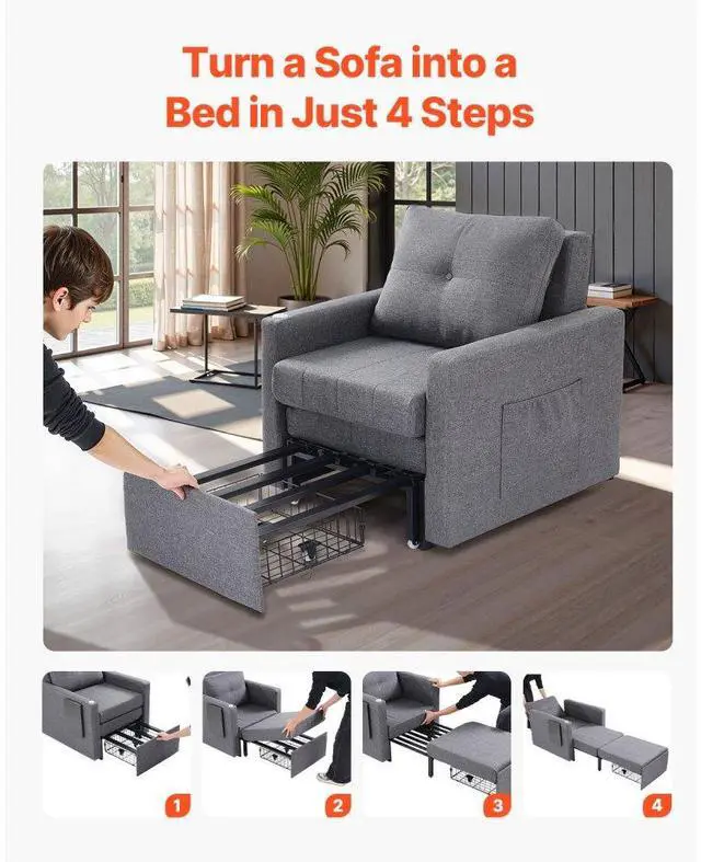 Alt view image 6 of 7 - VEVOR  Sleeper Sofa Bed, Convertible Sleeper Bed with Side Pocket, Pillow, Armrest and Desk Board, 5 Adjustable Angles Backrest, Single Pull Out Sofa Couch with 2 Wheels and Bottom Storage, Gray