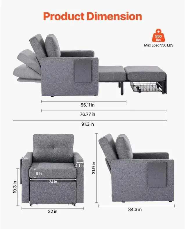 Alt view image 2 of 7 - VEVOR  Sleeper Sofa Bed, Convertible Sleeper Bed with Side Pocket, Pillow, Armrest and Desk Board, 5 Adjustable Angles Backrest, Single Pull Out Sofa Couch with 2 Wheels and Bottom Storage, Gray