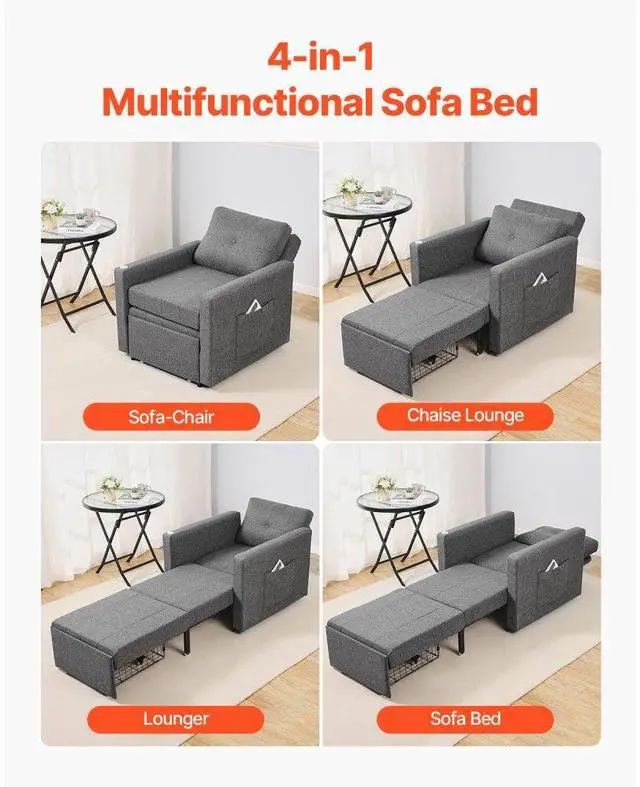 Alt view image 3 of 7 - VEVOR  Sleeper Sofa Bed, Convertible Sleeper Bed with Side Pocket, Pillow, Armrest and Desk Board, 5 Adjustable Angles Backrest, Single Pull Out Sofa Couch with 2 Wheels and Bottom Storage, Gray