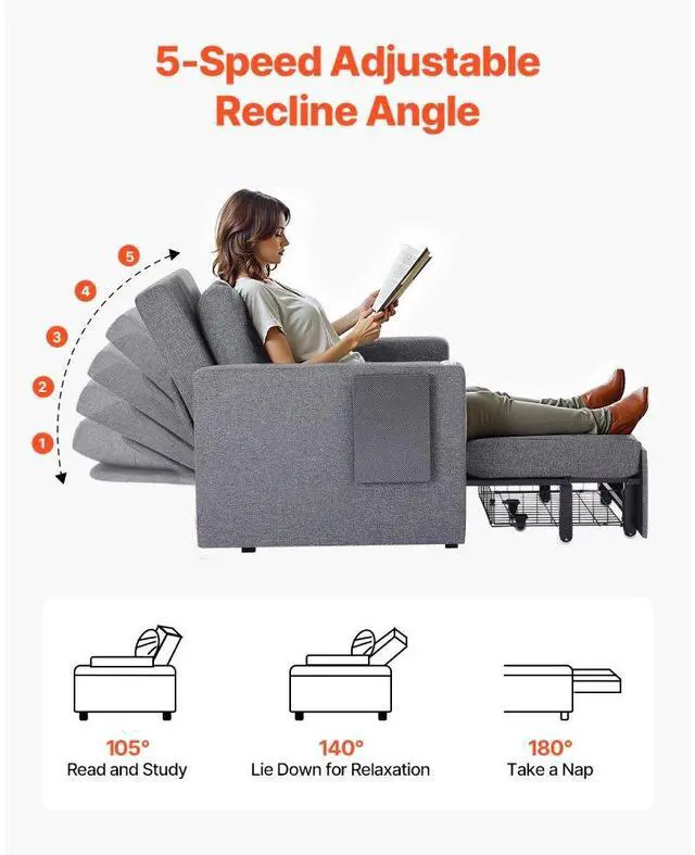 Alt view image 4 of 7 - VEVOR  Sleeper Sofa Bed, Convertible Sleeper Bed with Side Pocket, Pillow, Armrest and Desk Board, 5 Adjustable Angles Backrest, Single Pull Out Sofa Couch with 2 Wheels and Bottom Storage, Gray