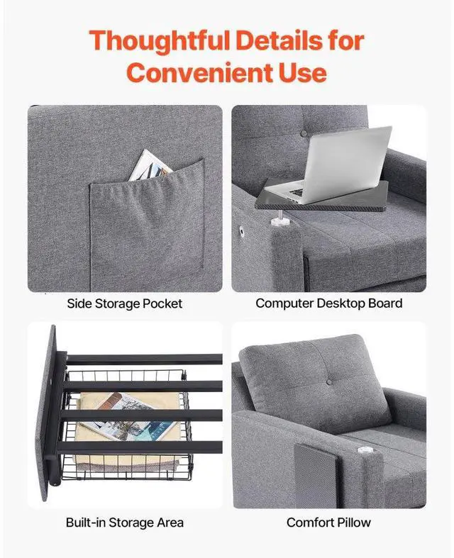 Alt view image 7 of 7 - VEVOR  Sleeper Sofa Bed, Convertible Sleeper Bed with Side Pocket, Pillow, Armrest and Desk Board, 5 Adjustable Angles Backrest, Single Pull Out Sofa Couch with 2 Wheels and Bottom Storage, Gray