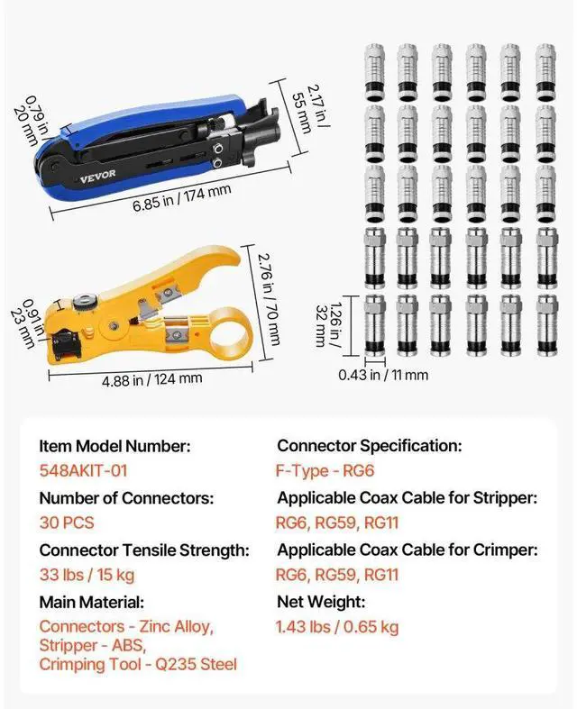 Alt view image 7 of 7 - VEVOR Coax Cable Crimper Kit Coaxial Cable Compression Tool Kit with Crimp Tool