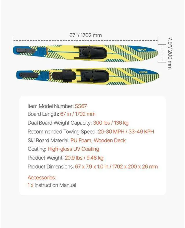 Alt view image 7 of 7 - VEVOR  67-inch Water Skis Combo Adults Water Skis with X-9 Adjustable Bindings