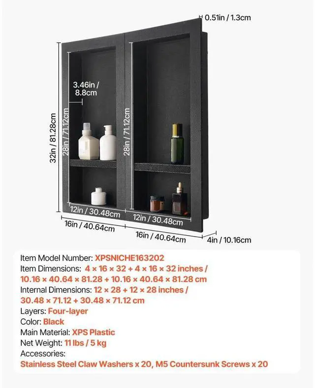Alt view image 7 of 7 - VEVOR Shower Niche 16"x 32"+ 16"x 32"Recessed Wall Shelf for Bathroom