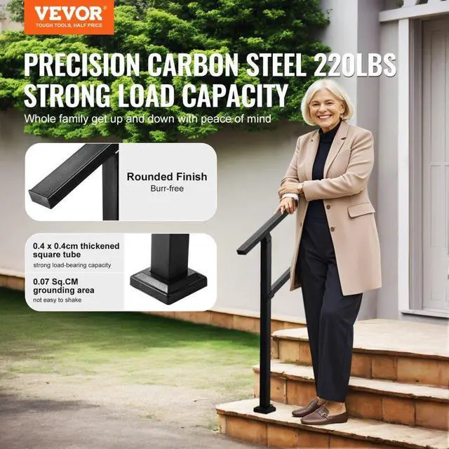 Alt view image 2 of 7 - VEVOR Outdoor Handrails for 2-3 Step Stairs Black Square Tube Easy Install for Senior