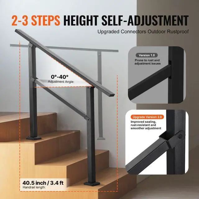 Alt view image 3 of 7 - VEVOR Outdoor Handrails for 2-3 Step Stairs Black Square Tube Easy Install for Senior