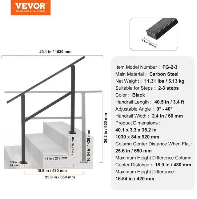 Alt view image 7 of 7 - VEVOR Outdoor Handrails for 2-3 Step Stairs Black Square Tube Easy Install for Senior