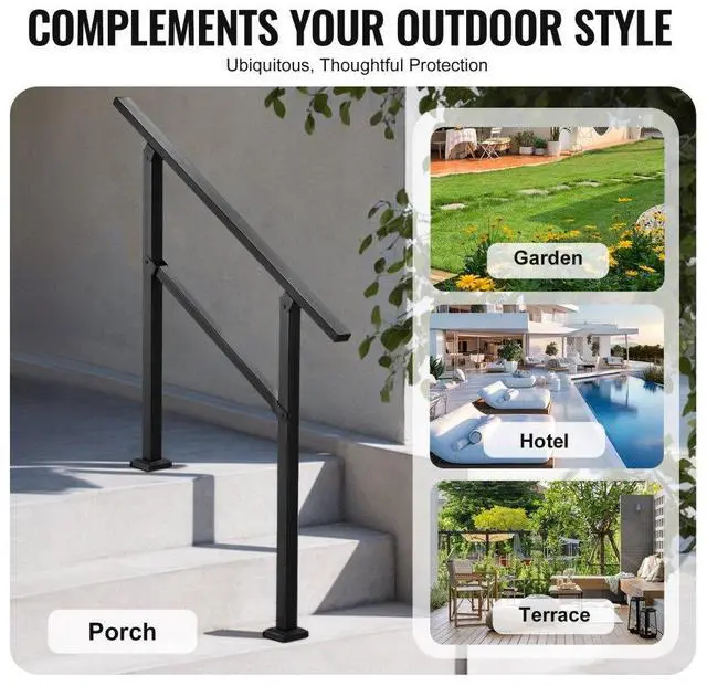 Alt view image 6 of 7 - VEVOR Outdoor Handrails for 2-3 Step Stairs Black Square Tube Easy Install for Senior