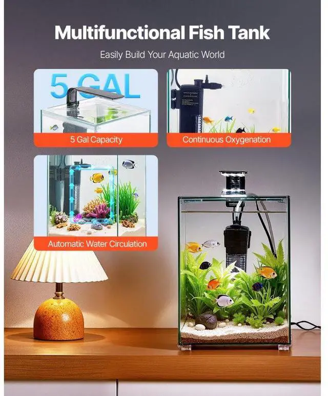 Alt view image 2 of 7 - VEVOR 5 Gallon Fish Tank Aquarium Smart Square Clear Glass 3 Color Self Cleaning