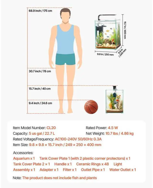 Alt view image 7 of 7 - VEVOR 5 Gallon Fish Tank Aquarium Smart Square Clear Glass 3 Color Self Cleaning